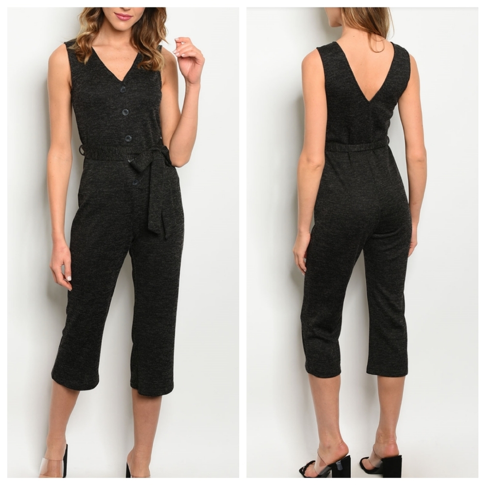 Black V-neck Cropped Jumpsuit